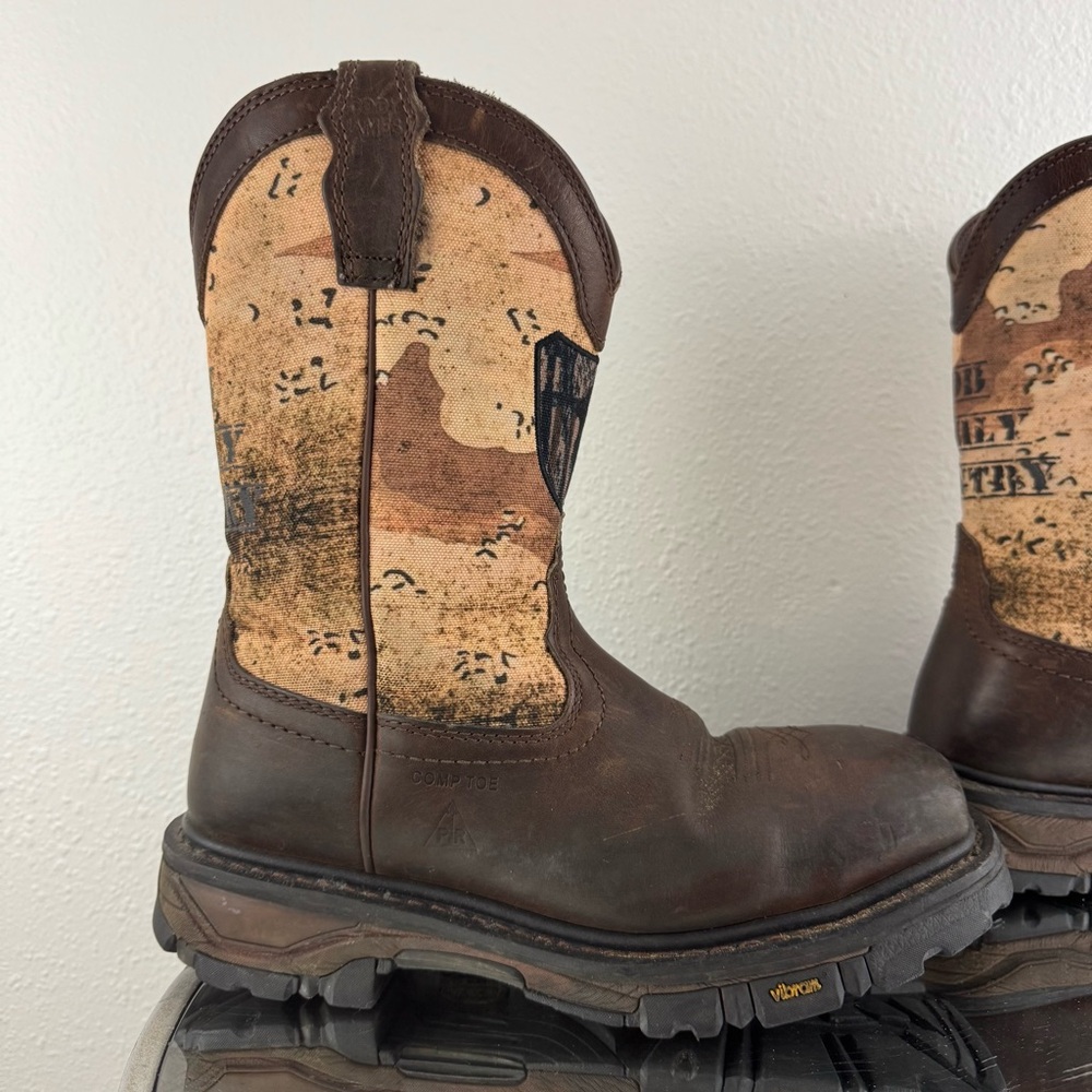 !SOLD! CODY JAMES Brown Leather Camo Flag Vibram Decimator Comp Toe Work Boots - Picture 4 of 13